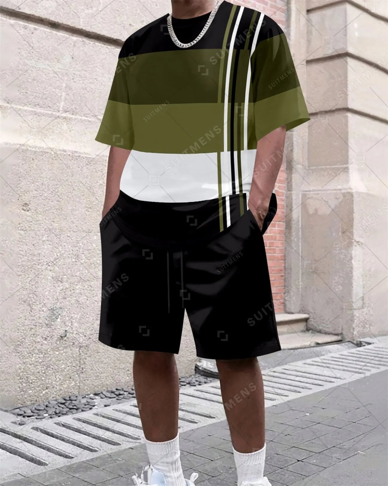 Men's Summer Colorblock Printed Round Neck Set 638