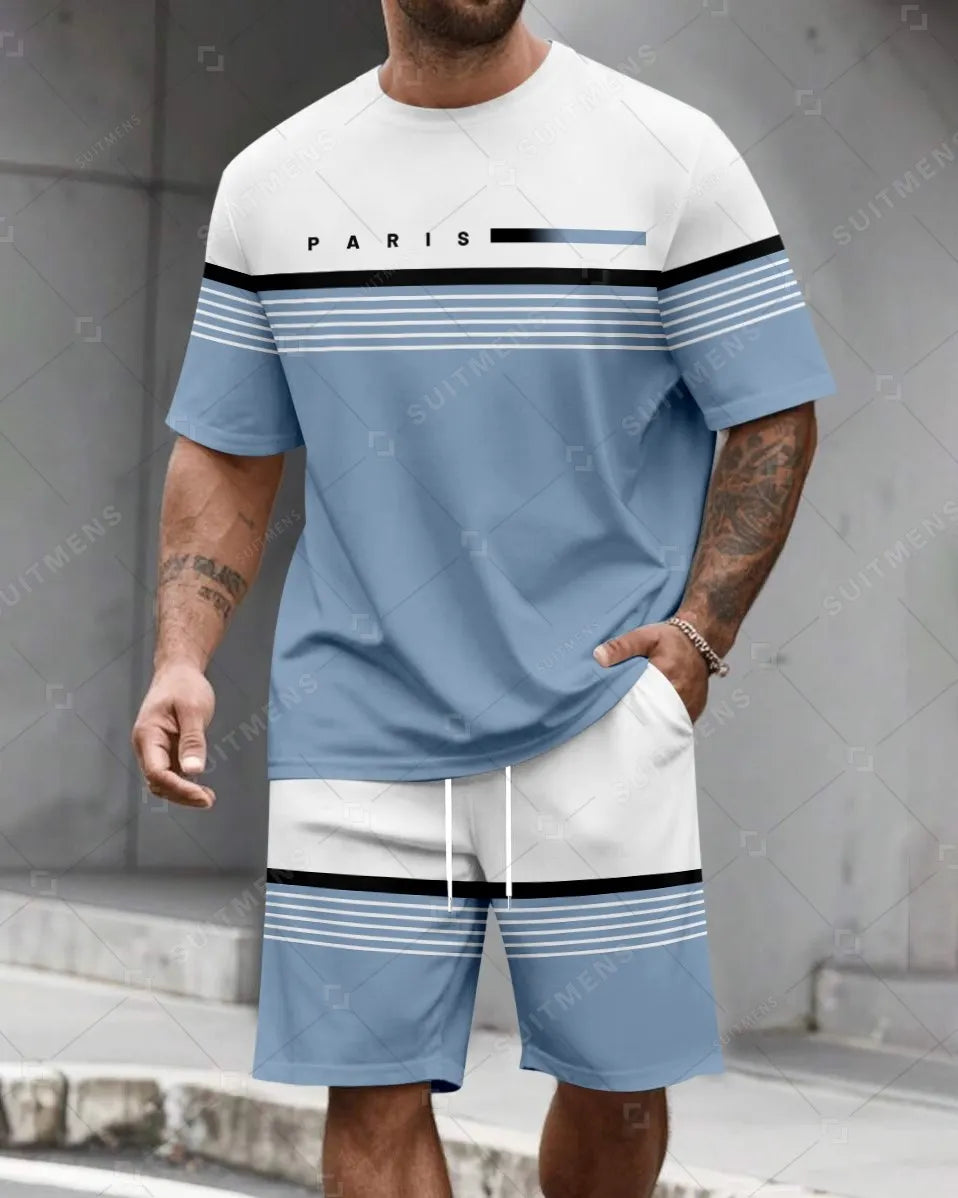 Men's Summer Colorblock Printed Round Neck Set 483