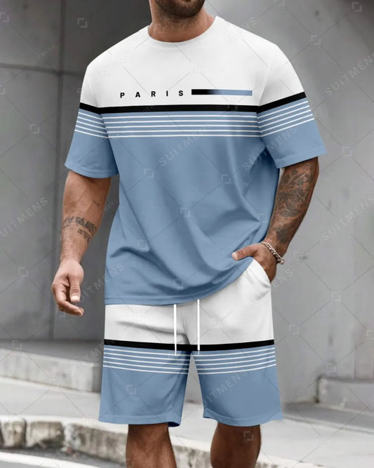 Men's Summer Colorblock Printed Round Neck Set 483