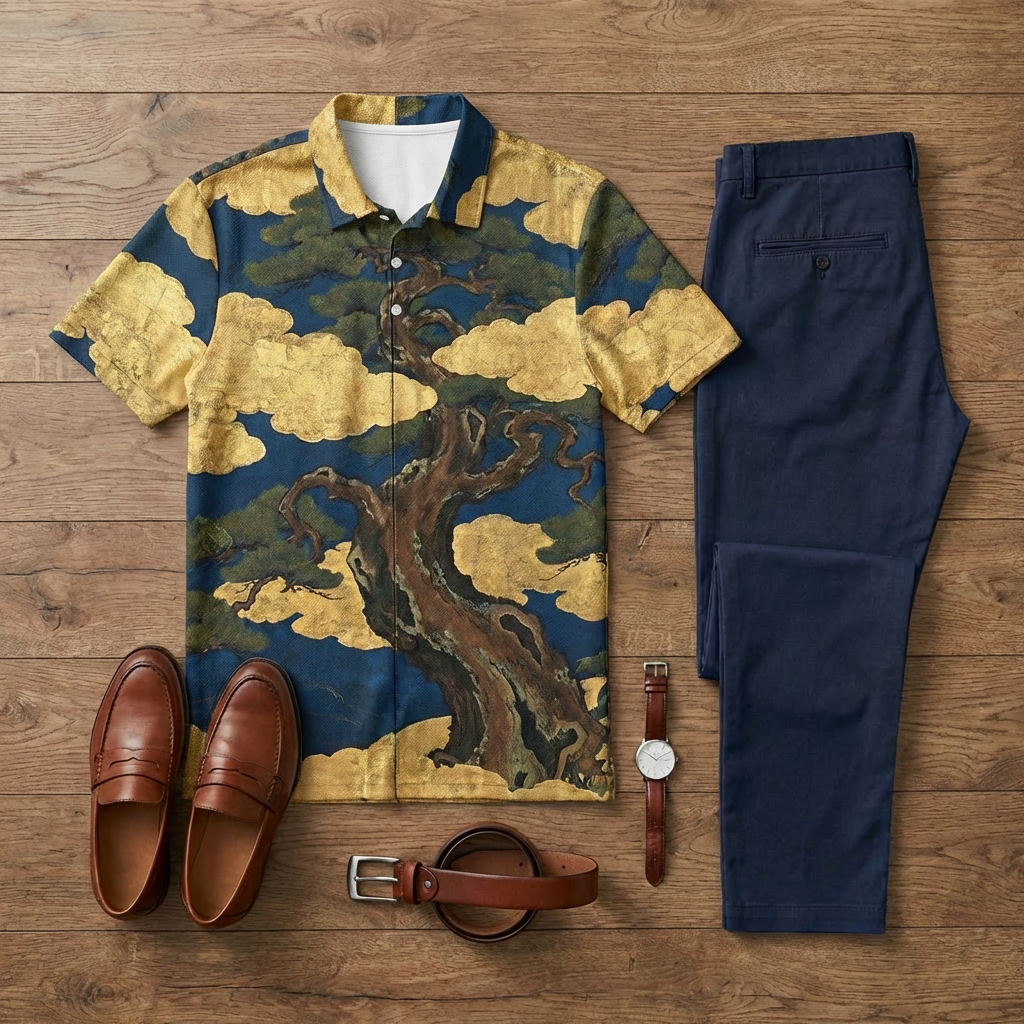 Men's Casual Japanese Cuban Style Printed Short-Sleeve Polo Shirt And Trousers Two-Piece Set