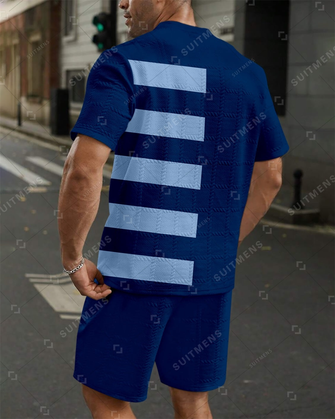 Men's Jacquard Textured Color Block Printed Short Sleeve Shorts Set 005