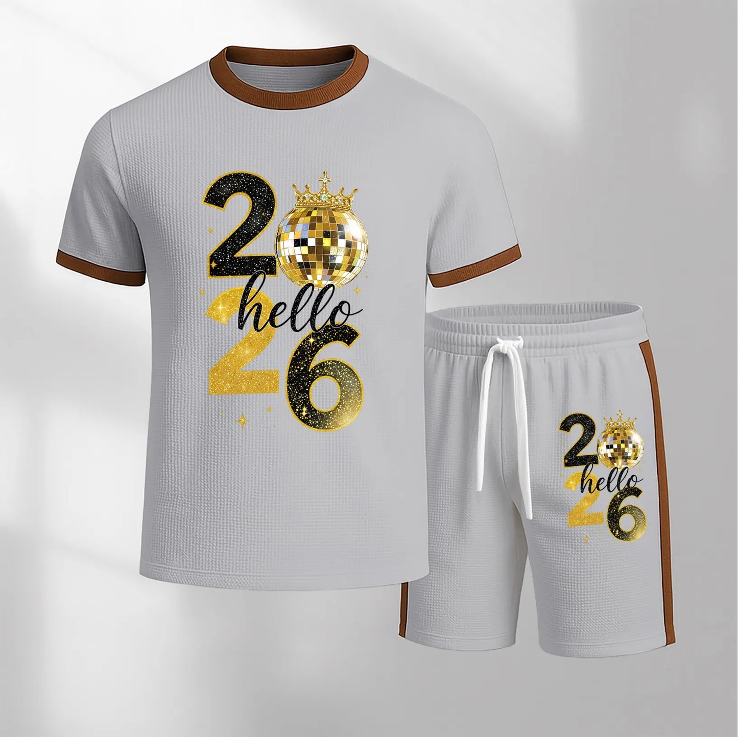 Men's 2026 Pattern Short-Sleeve T-Shirt and Drawstring Shorts Set, Men's Clothing, Casual Sporty Short-Sleeve Top and Shorts, Summer Men's Everyday Wear, Indoor and Outdoor Sportswear, Athletic Set