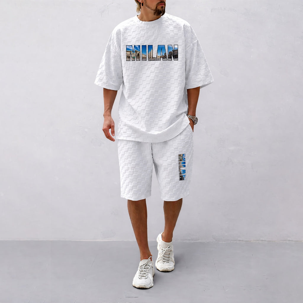 Men's Spring and Summer Milan Letter Print Checkered Fabric Drawstring Shorts Set, Casual Summer Outfit with Short-Sleeved Shirt and Shorts, Ideal for Everyday Wear and Sports Activities