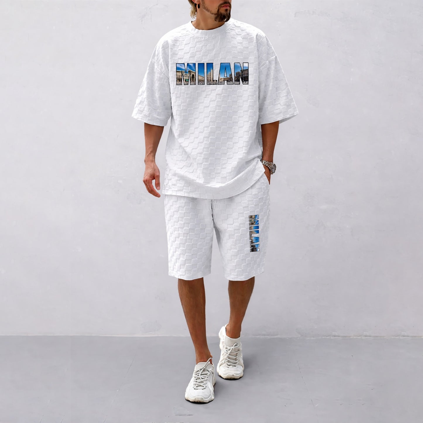 Men's Spring and Summer Milan Letter Print Checkered Fabric Drawstring Shorts Set, Casual Summer Outfit with Short-Sleeved Shirt and Shorts, Ideal for Everyday Wear and Sports Activities