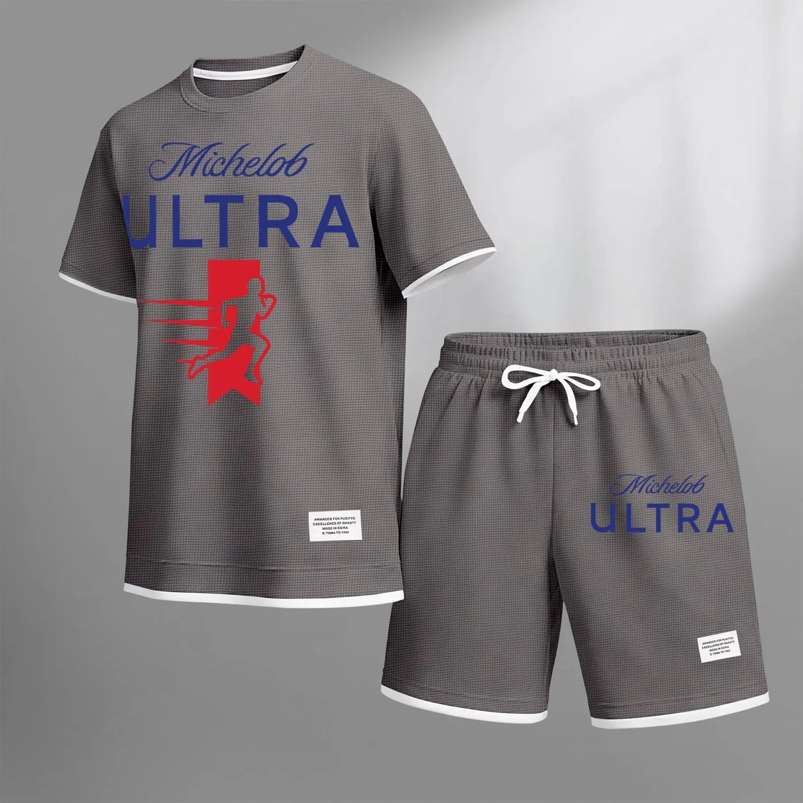Men's vintage beverage print drawstring shorts set, suitable for spring and summer wear. This casual summer set includes a short-sleeved shirt and shorts, perfect for everyday wear and sports. Two-piece set design.