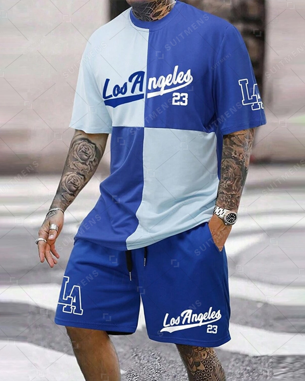 Men's Summer Color Matching Print Round Neck Set 234