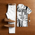 Men's Casual White & Black Graffiti Printed Polo Shirt And Trousers Two-Piece Set