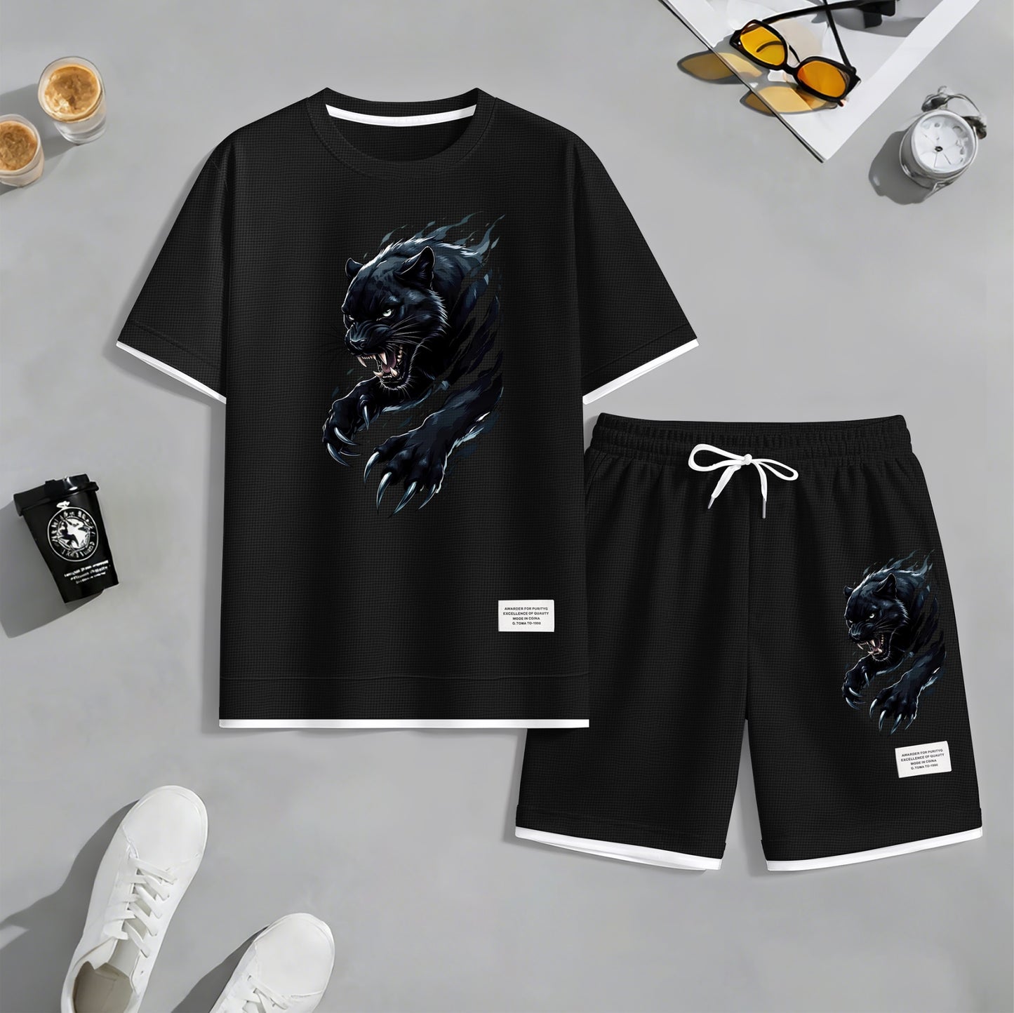 Men's Black Panther Graphic Print Waffle Short Sleeve T-Shirt & Shorts Set, Summer Lightweight Sporty Casual Two-Piece Outfit, Streetwear for Gym & Daily Wear