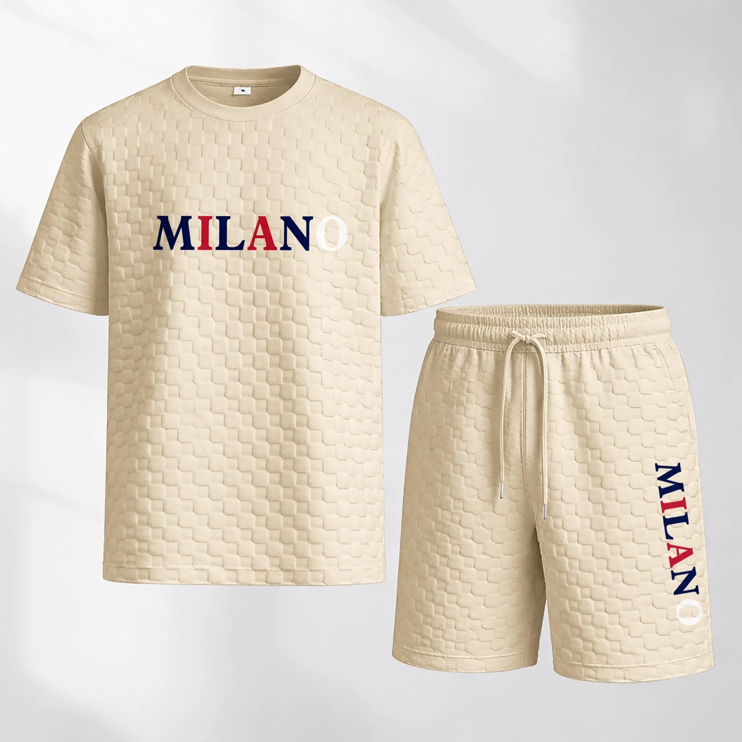 Men's Spring and Summer 'MILANO' Letter Print Checkered Fabric Drawstring Shorts Set, Casual Summer Outfit with Short-Sleeved Shirt and Shorts, Ideal for Everyday Wear and Sports Activities