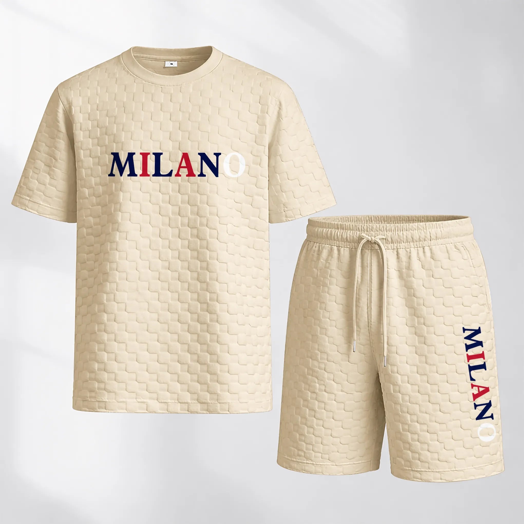 Men's Spring and Summer 'MILANO' Letter Print Checkered Fabric Drawstring Shorts Set, Casual Summer Outfit with Short-Sleeved Shirt and Shorts, Ideal for Everyday Wear and Sports Activities