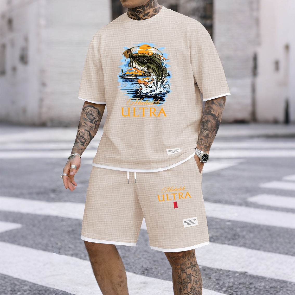 Men's Largemouth Bass Fishing Beer Print Waffle Fabric Short-Sleeved Shirt And Shorts Set