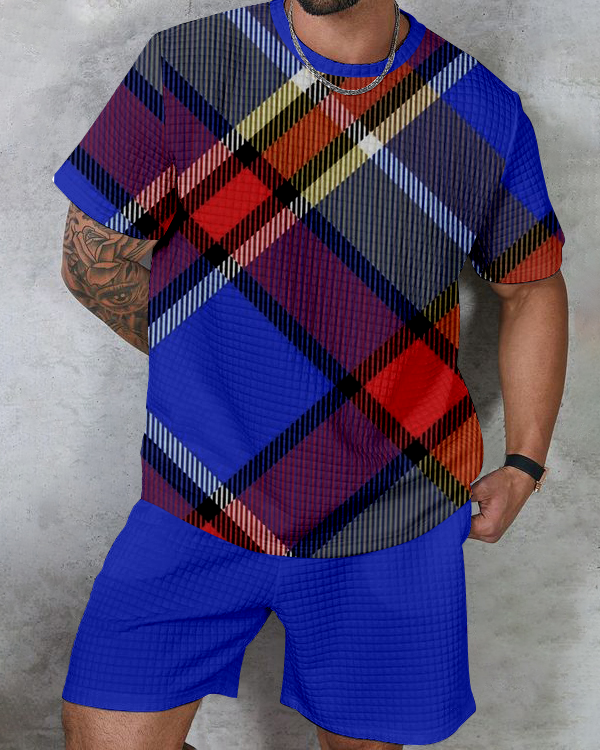 Men's textured waffle texture printed shorts Set 004