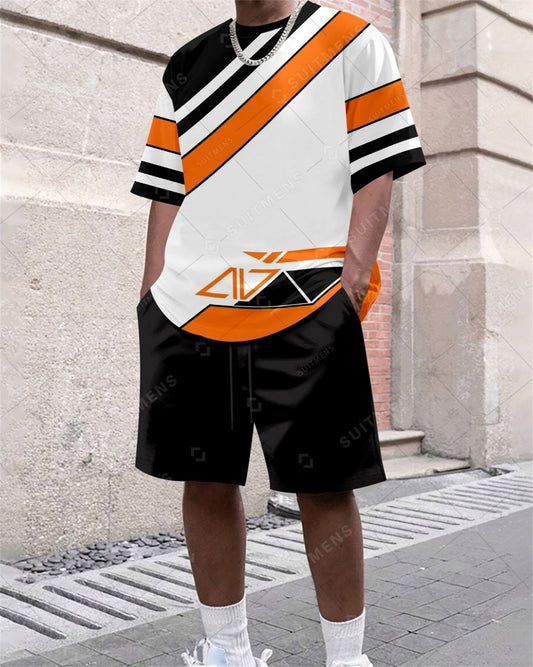 Men's Summer Gradient Print Round Neck Set 369