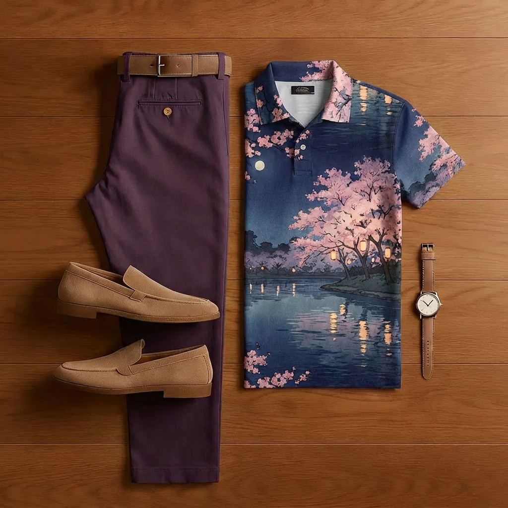 Men's Retro Dark Gray Printed Short-Sleeve Shirt And Trousers Two-Piece Set