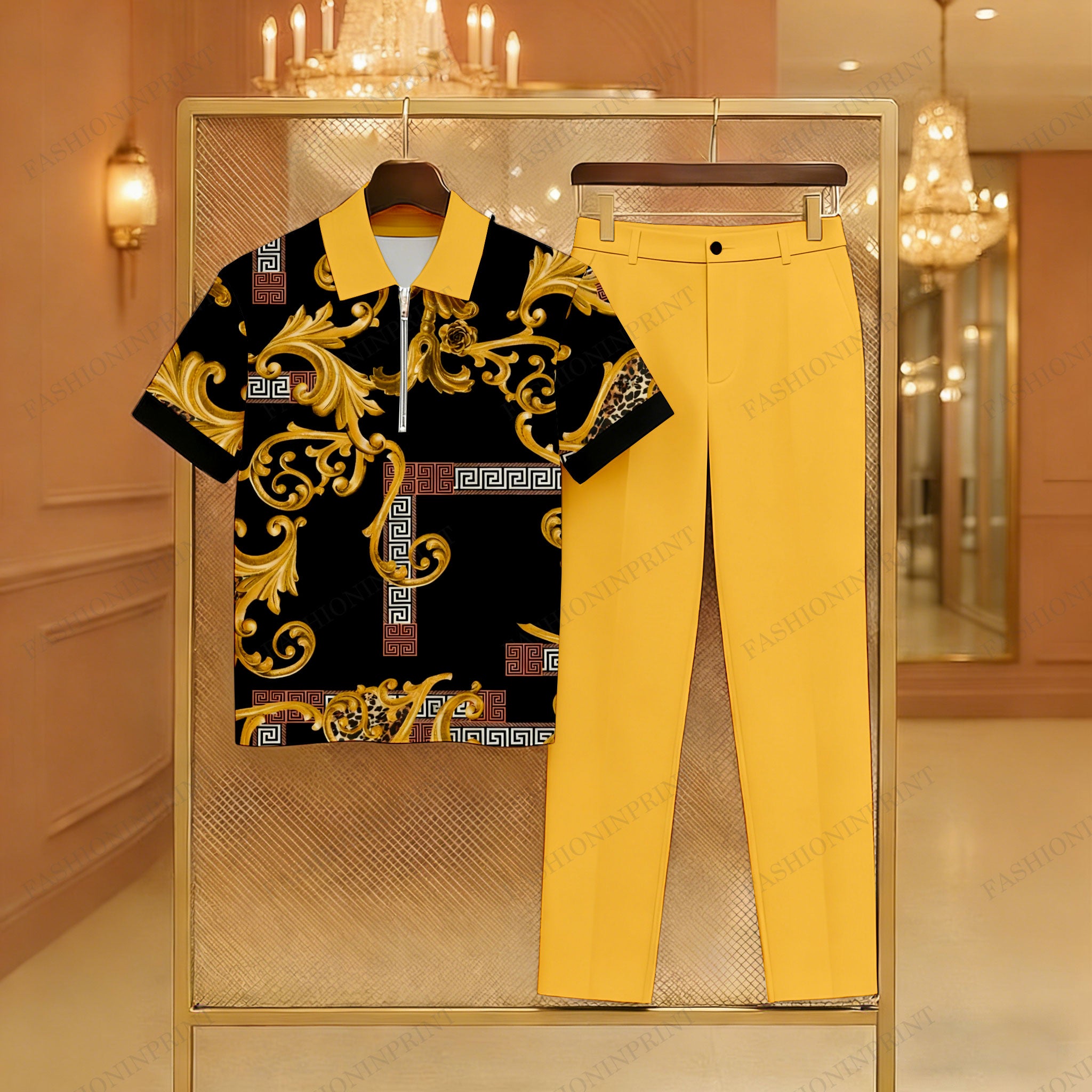 Men's Casual Yellow & Black Color Matching Baroque Style Printed Zipper Short Sleeved Polo Shirt & Trousers Two-Piece Set