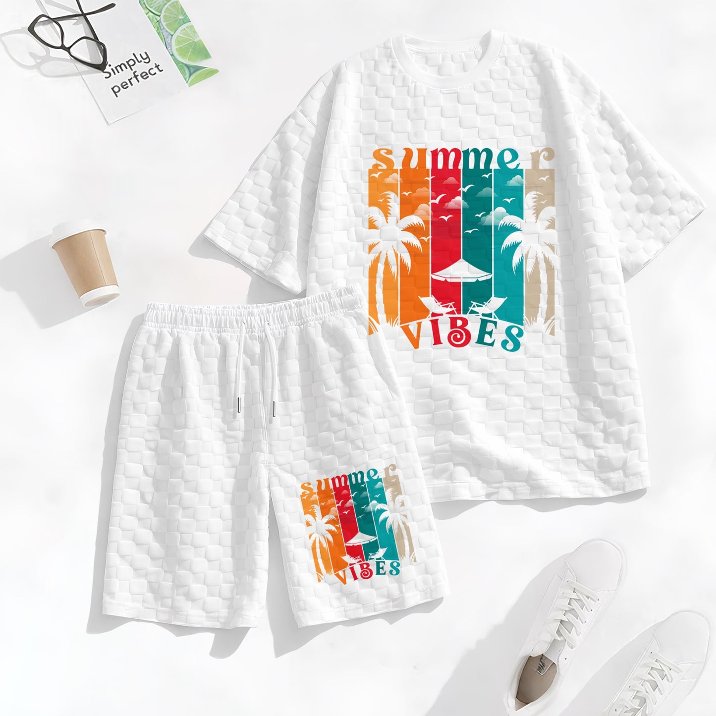 Men's Hawaiian Graphic Print Spring And Summer Drawstring Shorts Set, A Casual Summer Outfit, Including A Short-Sleeved Shirt And Shorts, Suitable For Everyday Wear And Sports Activities. A Two-Piece Set For A Relaxed And Active Lifestyle.