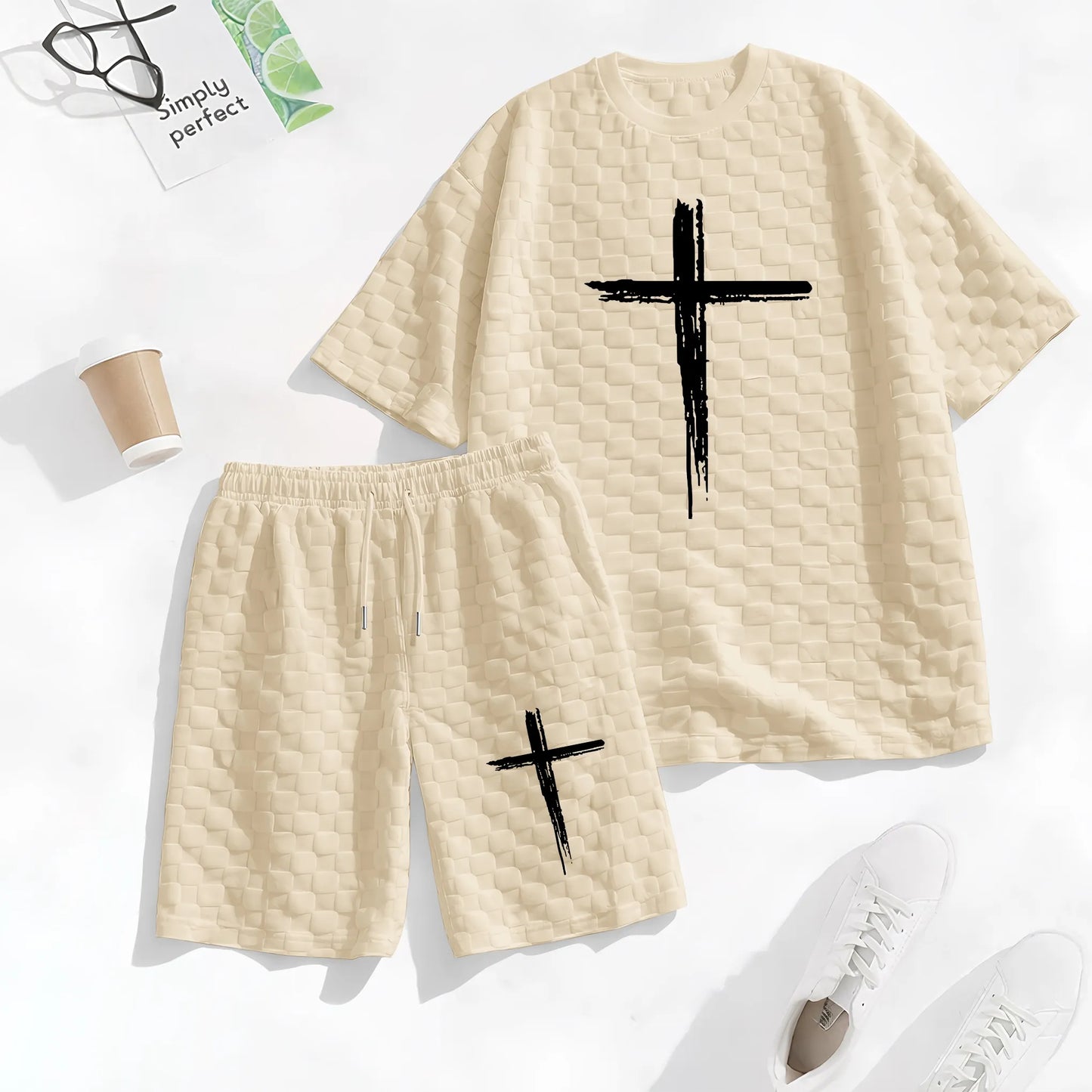 Men's Spring and Summer Cross Print Checkered Fabric Drawstring Shorts Set, Casual Summer Outfit with Short-Sleeved Shirt and Shorts, Ideal for Everyday Wear and Sports Activities