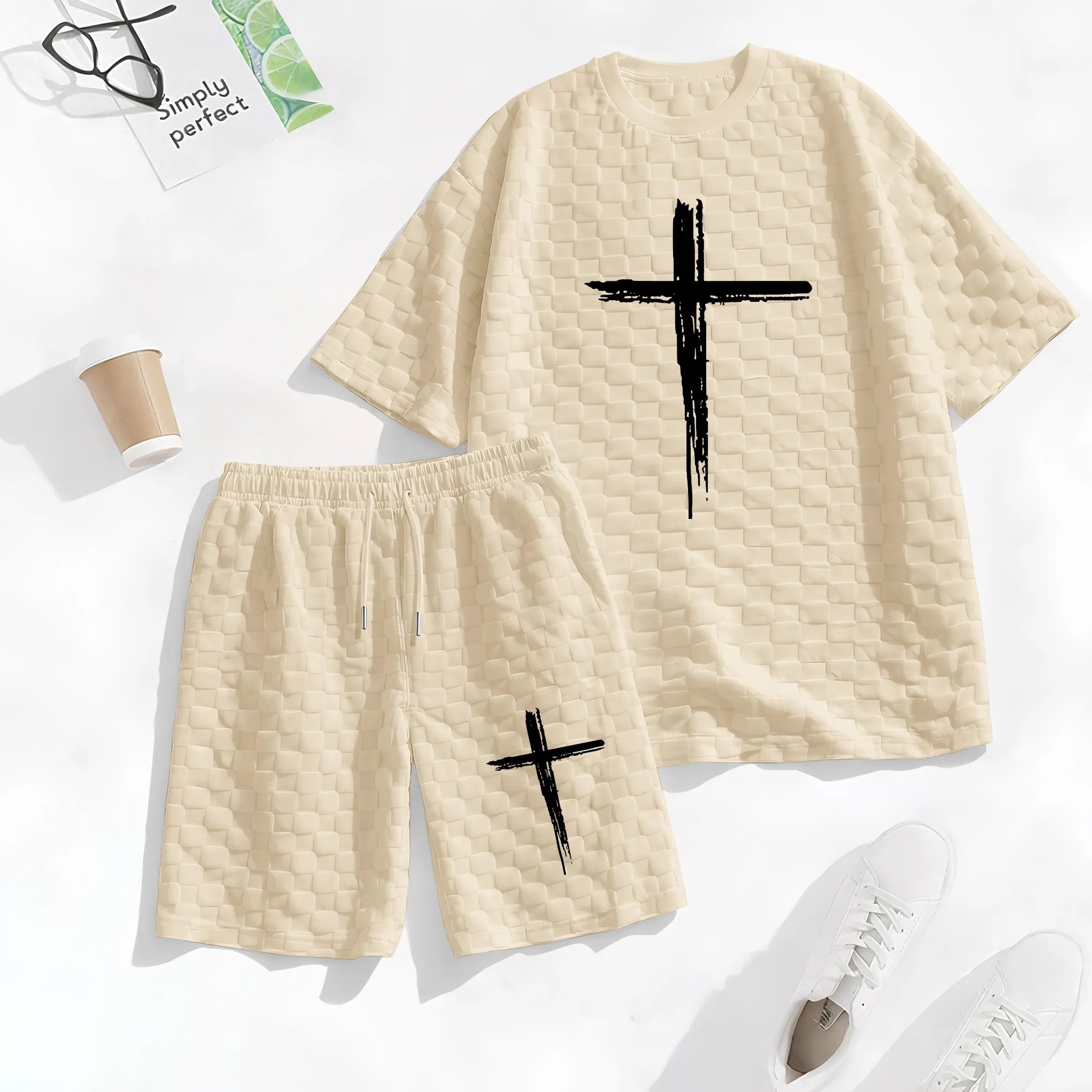 Men's Spring and Summer Cross Print Checkered Fabric Drawstring Shorts Set, Casual Summer Outfit with Short-Sleeved Shirt and Shorts, Ideal for Everyday Wear and Sports Activities
