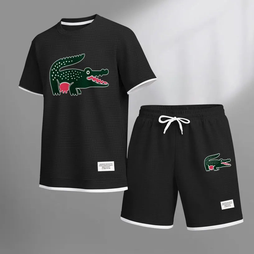 Men's Funny Crocodile Print Waffle Fabric Short-Sleeved Shirt And Shorts Set