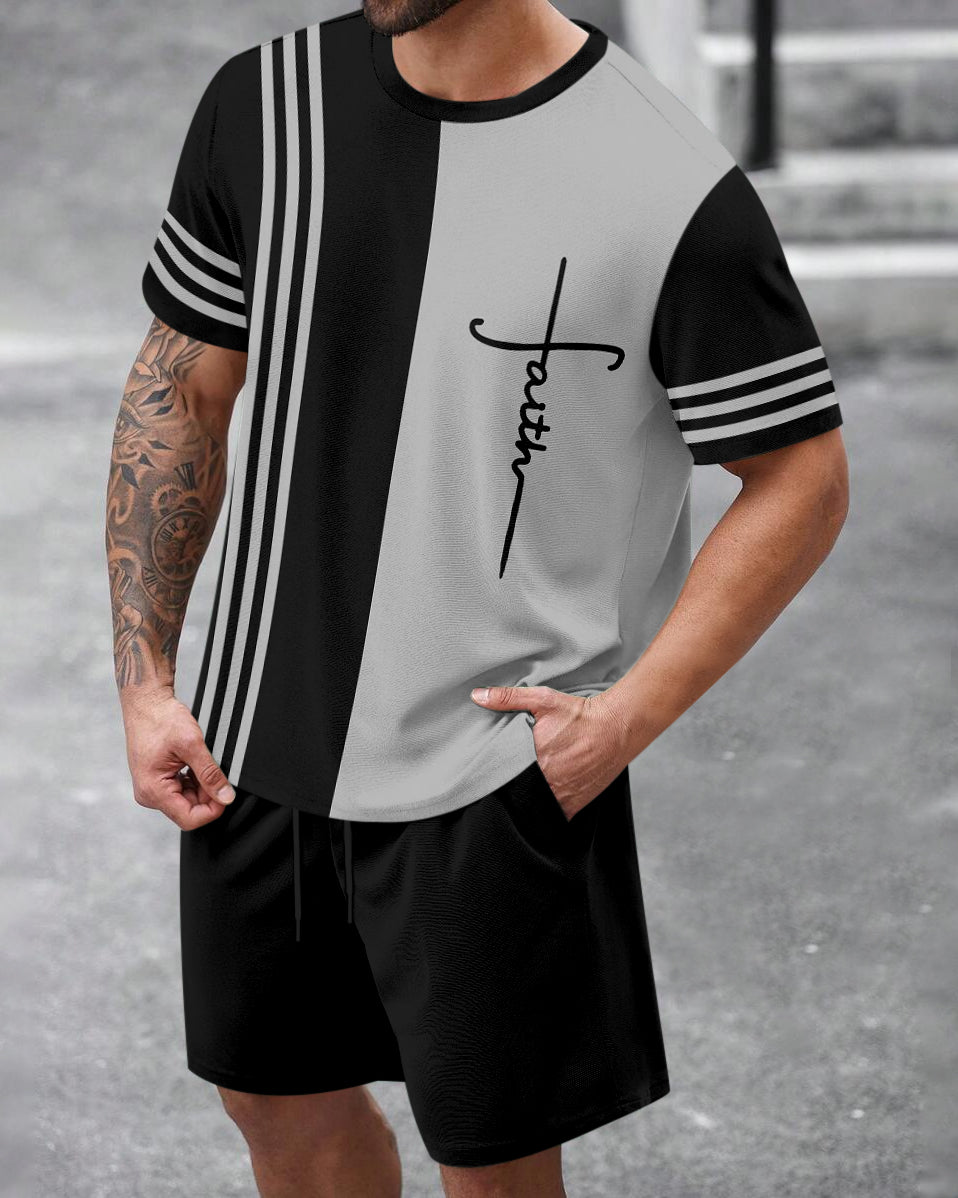 Men's Summer Colorblock Printed Round Neck Set 470