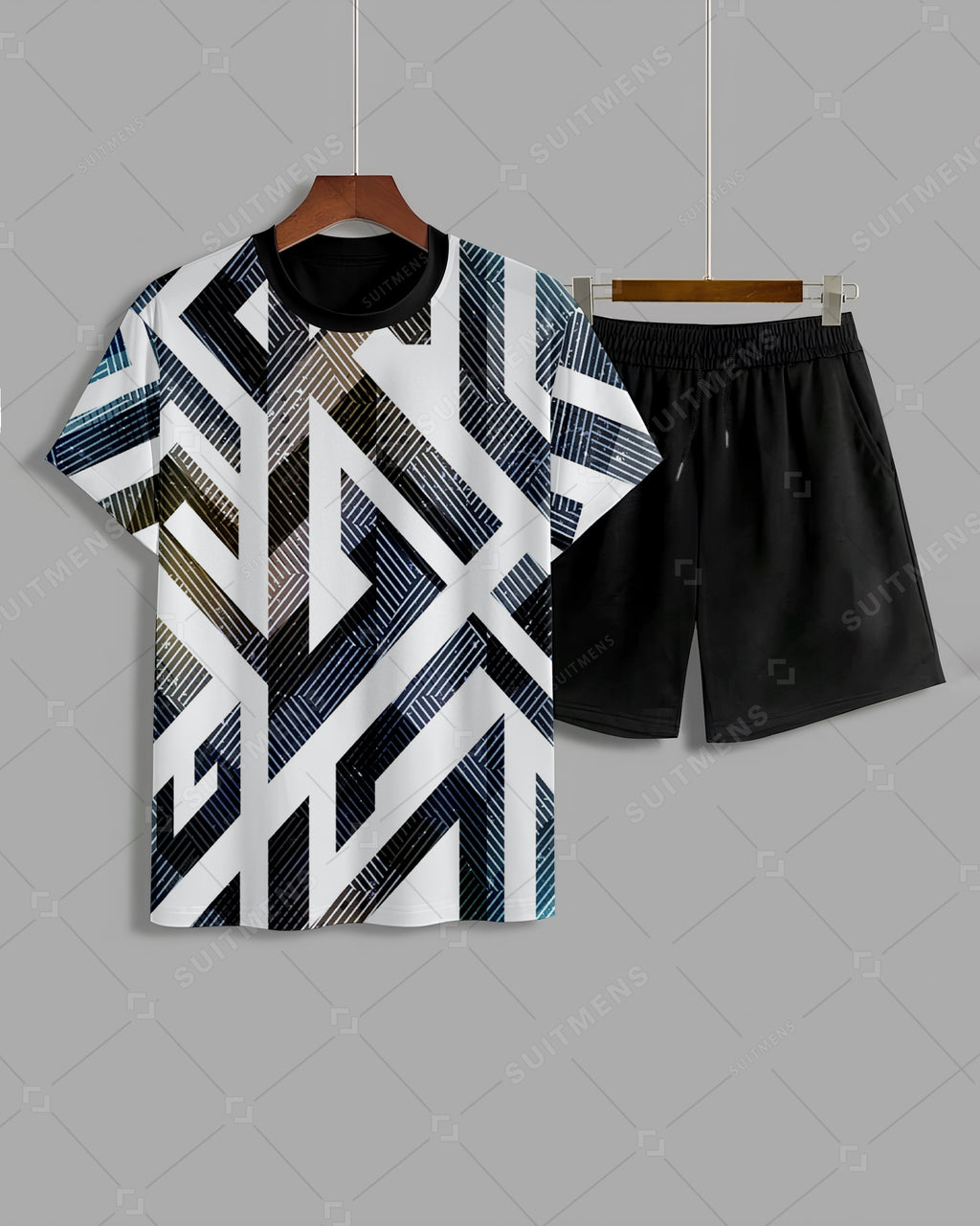 Men's Summer Colorblock Printed Round Neck Suit 017