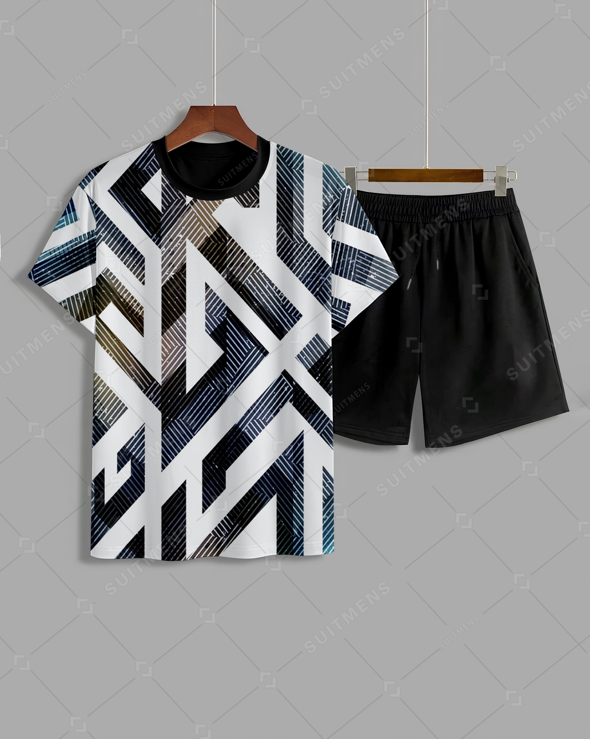 Men's Summer Colorblock Printed Round Neck Suit 017