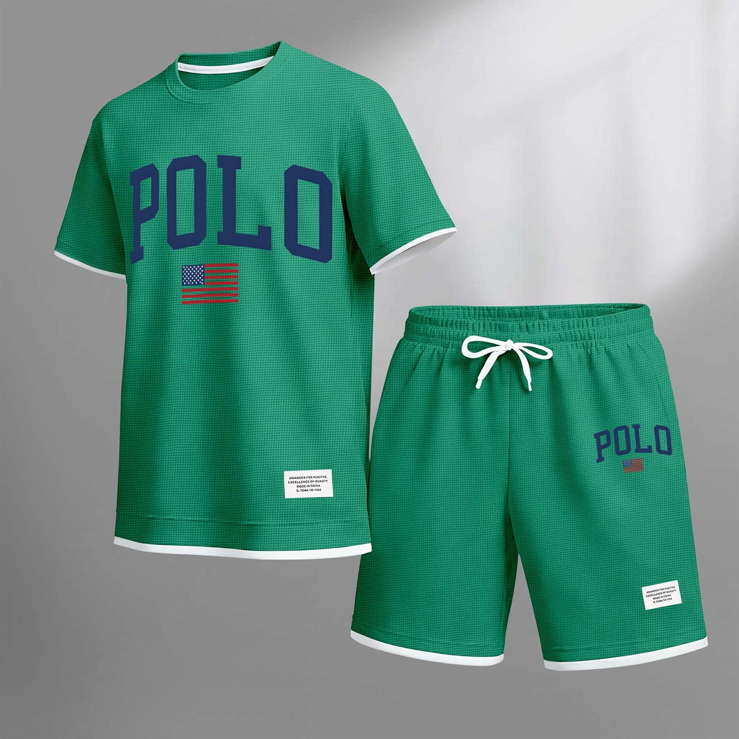 Men's Polo Print Drawstring Shorts Set For Spring/Summer. A Casual Summer Outfit, Including A Short-Sleeved Shirt And Shorts, Suitable For Everyday Wear And Sports. A Two-Piece Set For A Relaxed And Energetic Lifestyle.