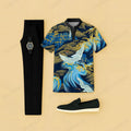 Men's Casual Black & Blue Bird Printed Short-Sleeve T-Shirt And Pants Two-Piece Set204325
