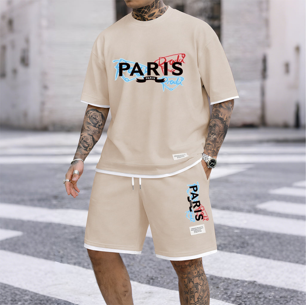 Men's PARIS Red & Blue Graffiti Letter Print Short Sleeve T-Shirt & Shorts Set, Summer Lightweight Waffle Sporty Casual Two-Piece Outfit, Streetwear for Gym & Daily Wear