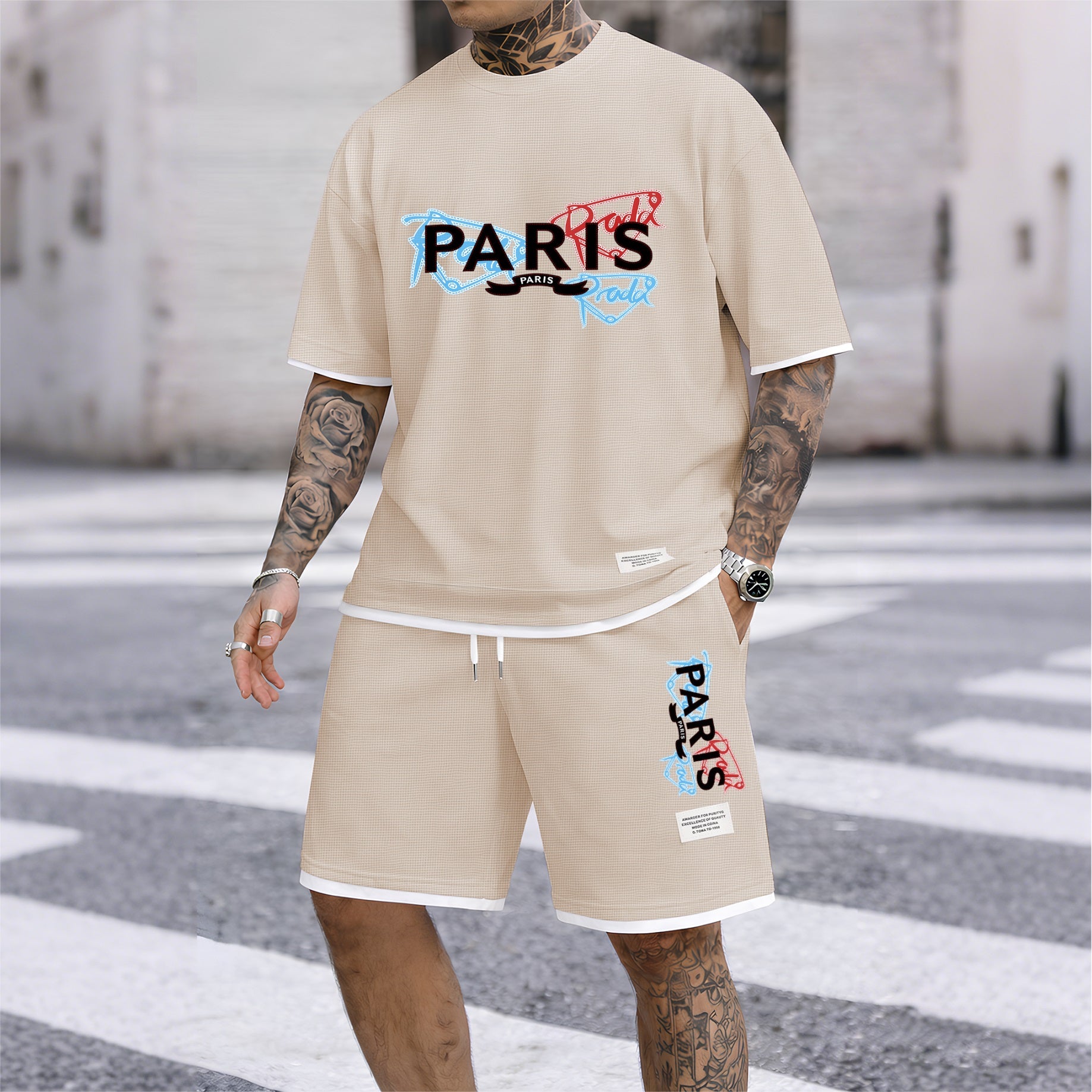 Men's PARIS Red & Blue Graffiti Letter Print Short Sleeve T-Shirt & Shorts Set, Summer Lightweight Waffle Sporty Casual Two-Piece Outfit, Streetwear for Gym & Daily Wear