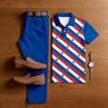 Men's Casual Blue & Red Stripes Printed Polo Shirt And Pants Two-Piece Set