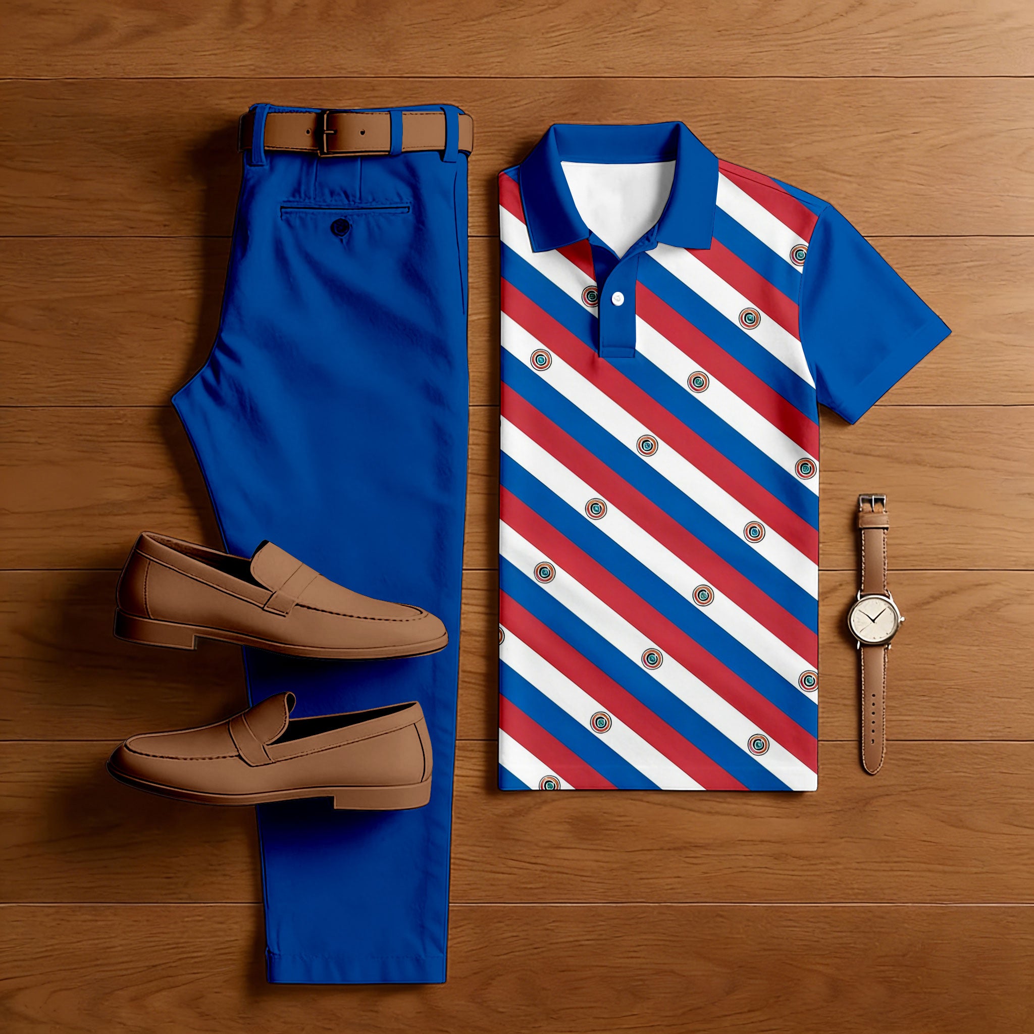 Men's Casual Blue & Red Stripes Printed Polo Shirt And Pants Two-Piece Set
