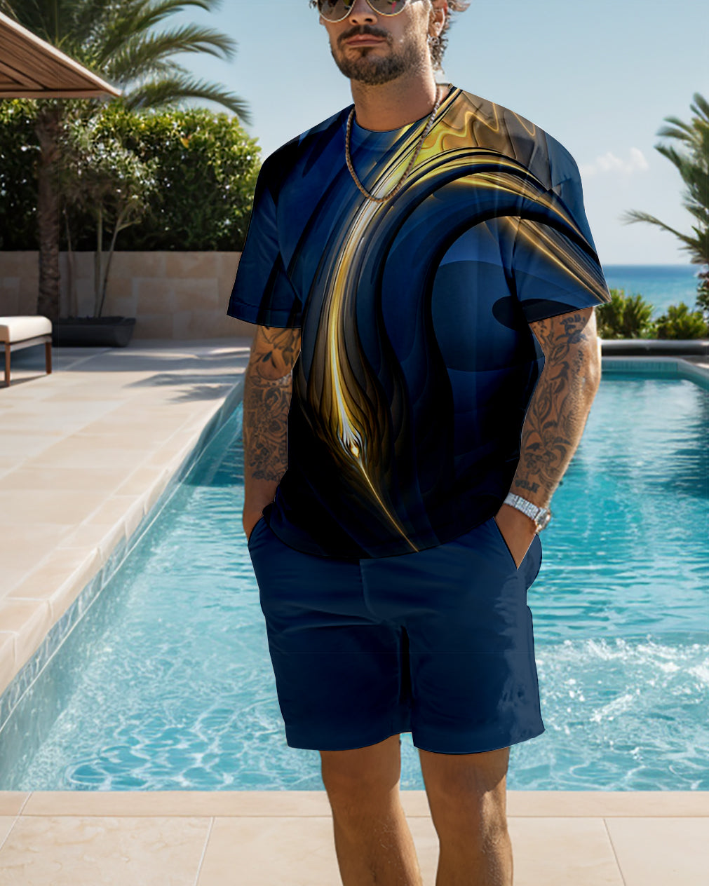 Men's color block printed shorts set 471