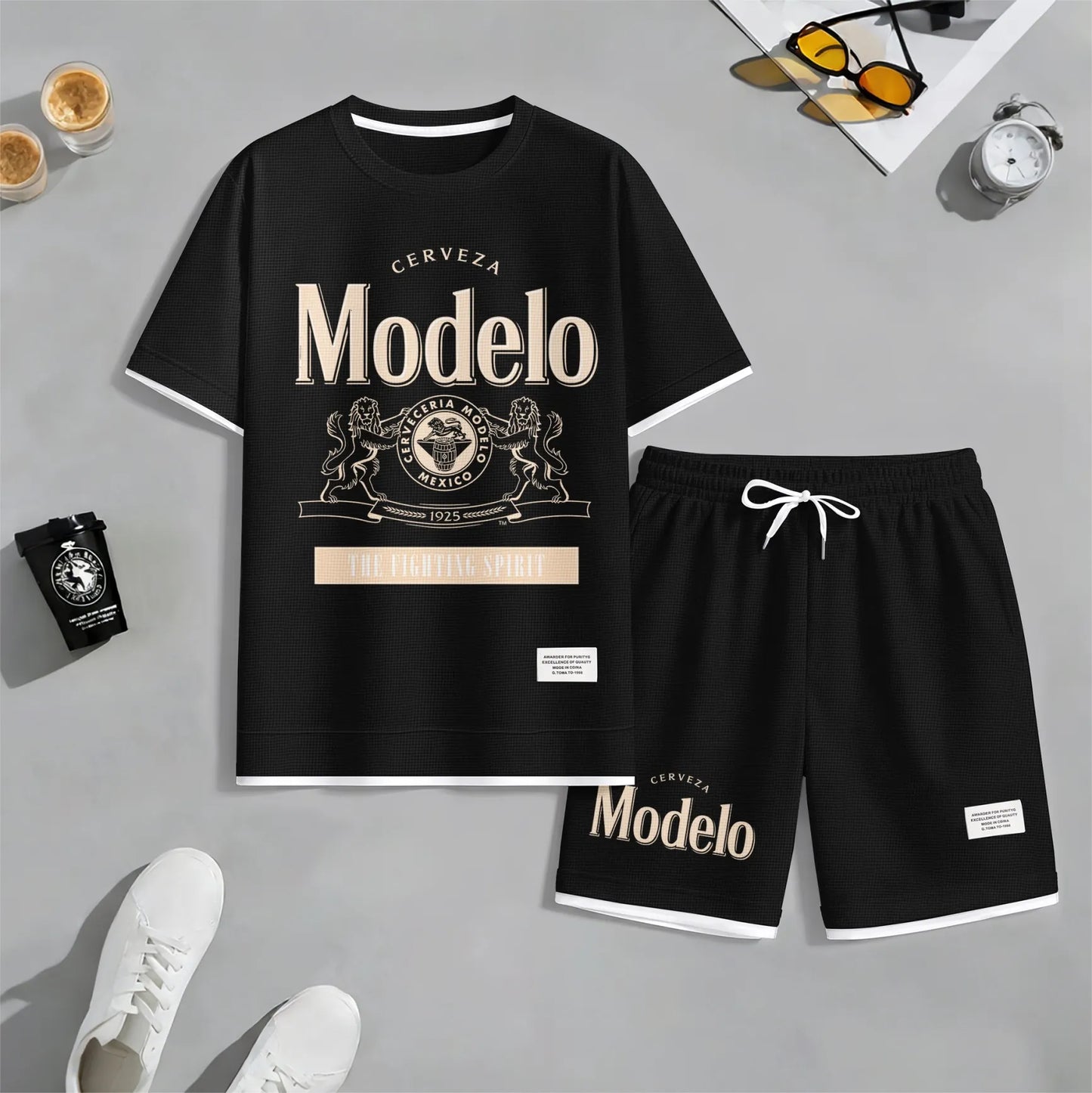 Men's Beer Print Drawstring Shorts Set, Suitable For Spring And Summer Wear, Casual Summer Set, Including Short-Sleeved Shirt And Shorts, Suitable For Everyday Wear And Sports 02