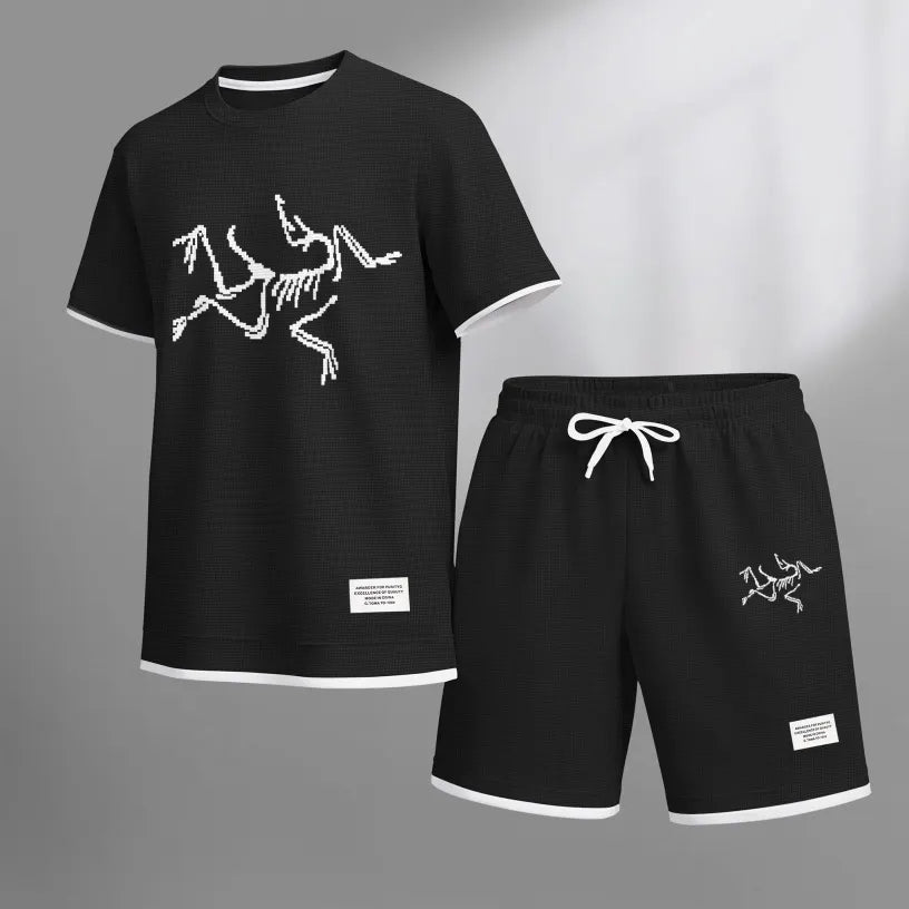 Men's Pixel-style Bird Skeleton Print Waffle Fabric Short-Sleeved Shirt And Shorts Set