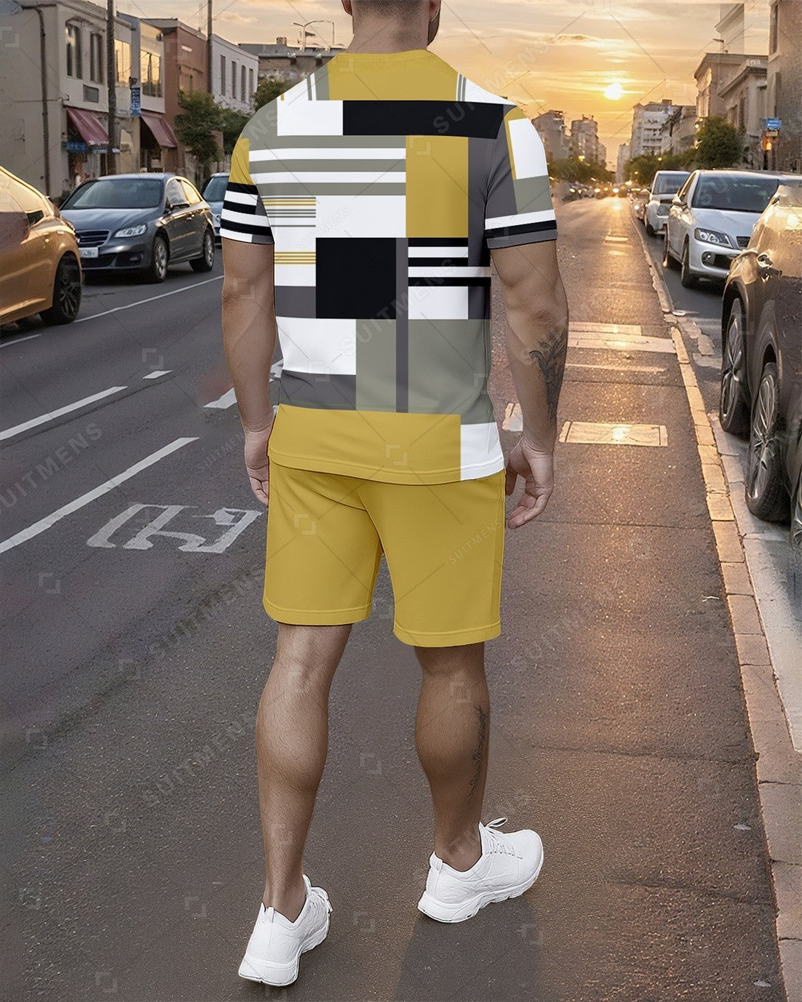 Men's Summer Colorblock Printed Round Neck Set 754