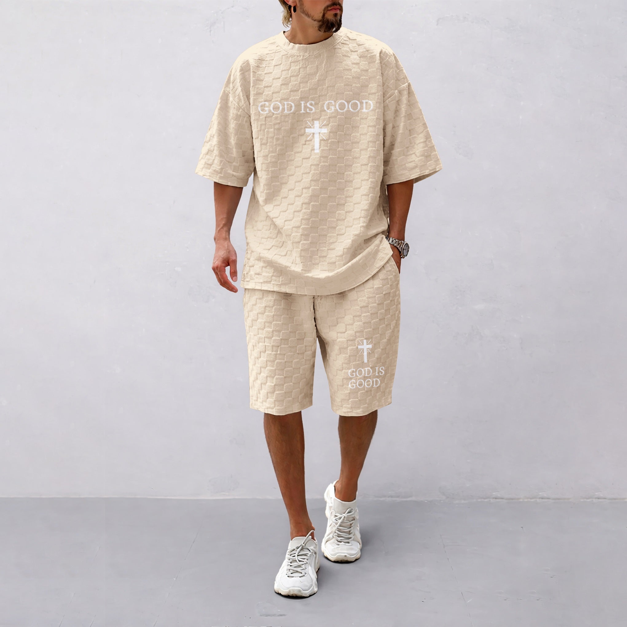 Men's Spring and Summer God is Good Letter Print Checkered Fabric Drawstring Shorts Set, Casual Summer Outfit with Short-Sleeved Shirt and Shorts, Ideal for Everyday Wear and Sports Activities