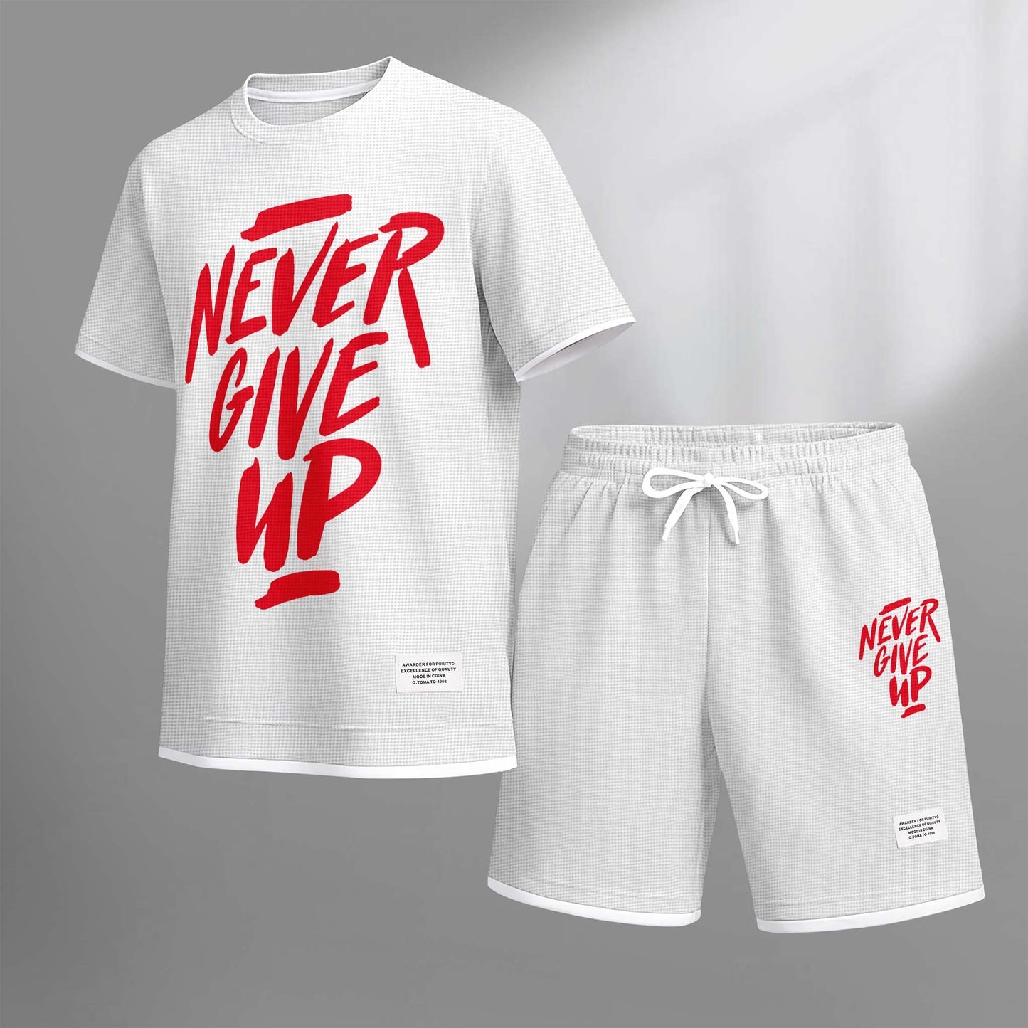 Men's Never Give Up Print Drawstring Shorts Set For Spring/Summer. A Casual Summer Outfit, Including A Short-Sleeved Shirt And Shorts, Suitable For Everyday Wear And Sports. A Two-Piece Set For A Relaxed And Energetic Lifestyle.