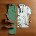 Men's Casual Green Flowers Printed Polo Shirt And Pants Two-Piece Set