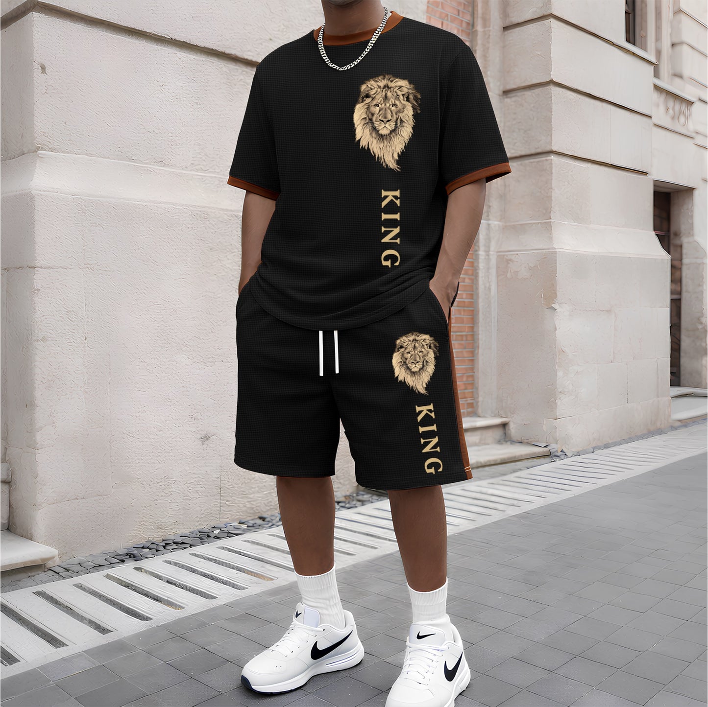 Men's King Pattern Short-Sleeved T-Shirt And Drawstring Shorts Set, Men's Casual Sportswear, Short-Sleeved Top And Shorts, Summer Men's Everyday Wear, Indoor And Outdoor Athletic Wear, Sports Set