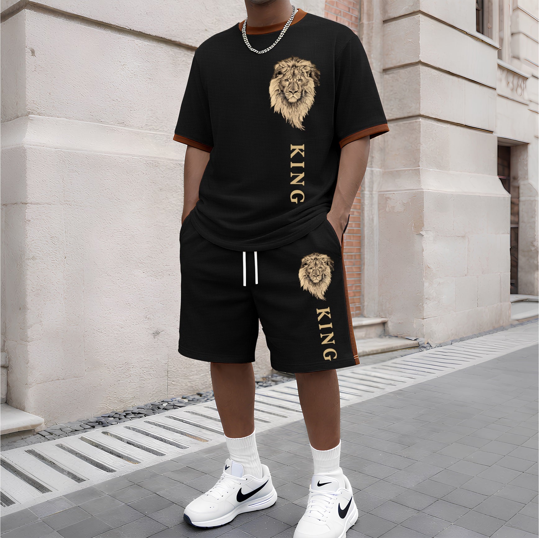 Men's King Pattern Short-Sleeved T-Shirt And Drawstring Shorts Set, Men's Casual Sportswear, Short-Sleeved Top And Shorts, Summer Men's Everyday Wear, Indoor And Outdoor Athletic Wear, Sports Set