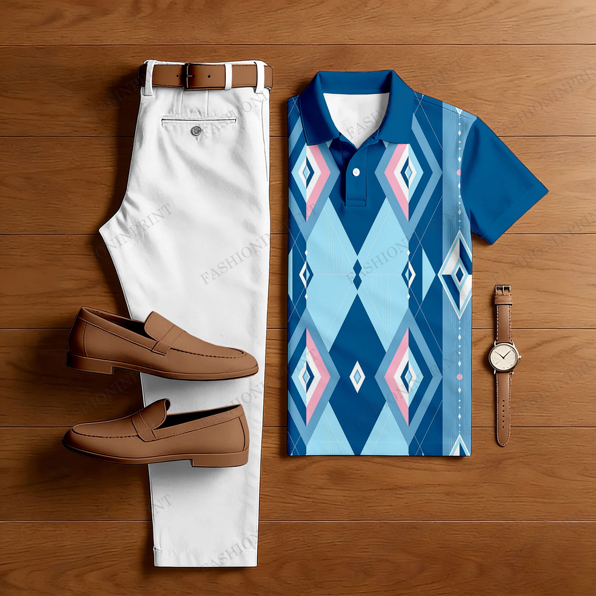 Men's Casual Dark Blue Printed Polo Shirt And Pants Two-Piece Set