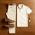 Men's Casual Beige Color Matching Checkered Printed Short Sleeved Polo Shirt & Trousers Two-Piece Set