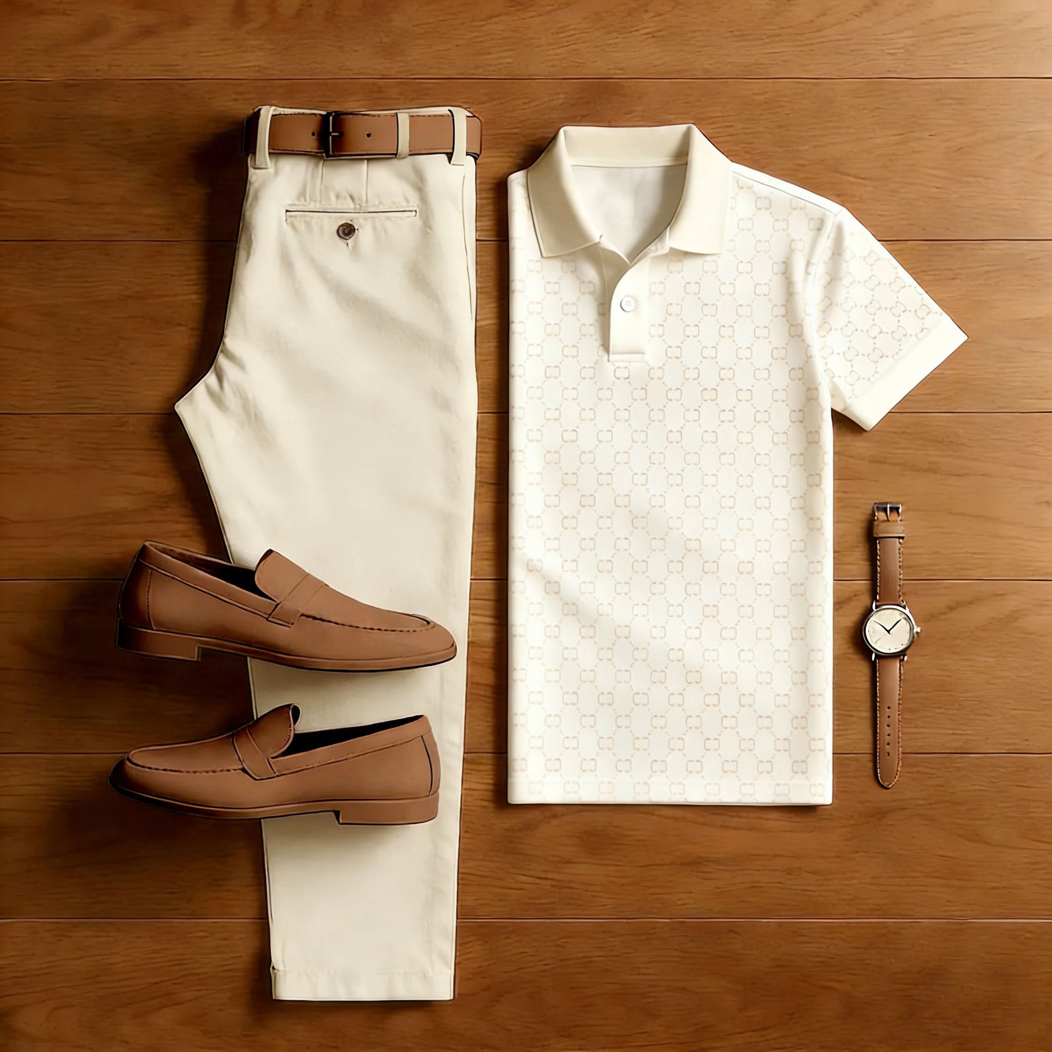 Men's Casual Beige Color Matching Checkered Printed Short Sleeved Polo Shirt & Trousers Two-Piece Set