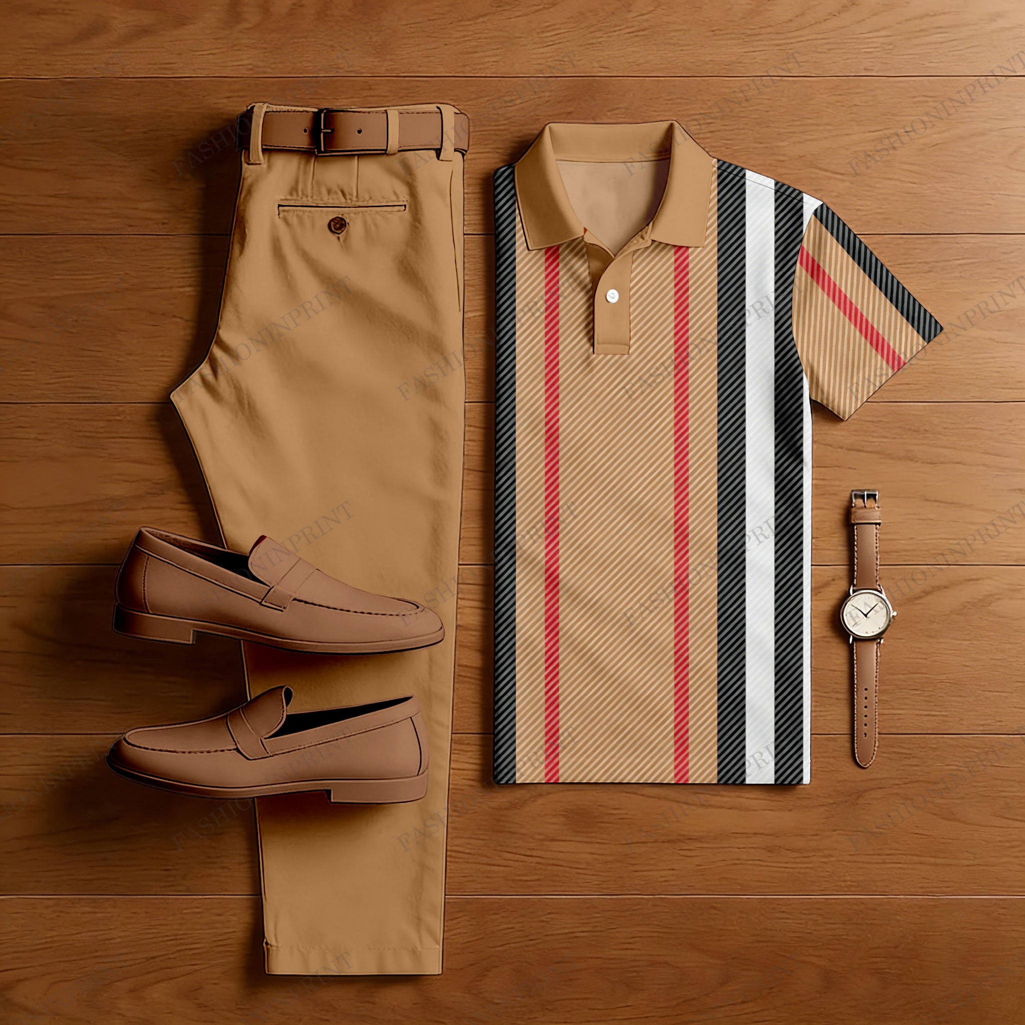 Men's Casual Tan & Black Color Matching Striped Printed Short Sleeved Polo Shirt & Trousers Two-Piece Set