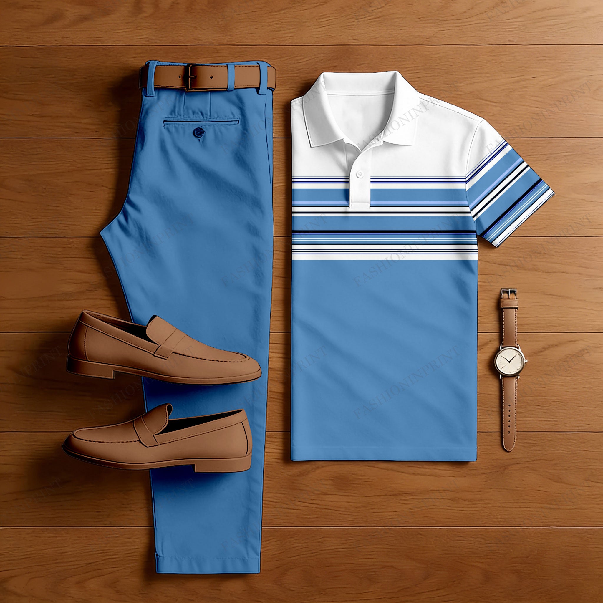 Men's Casual Blue & White Stripes Printed Polo Shirt And Trousers Two-Piece Set