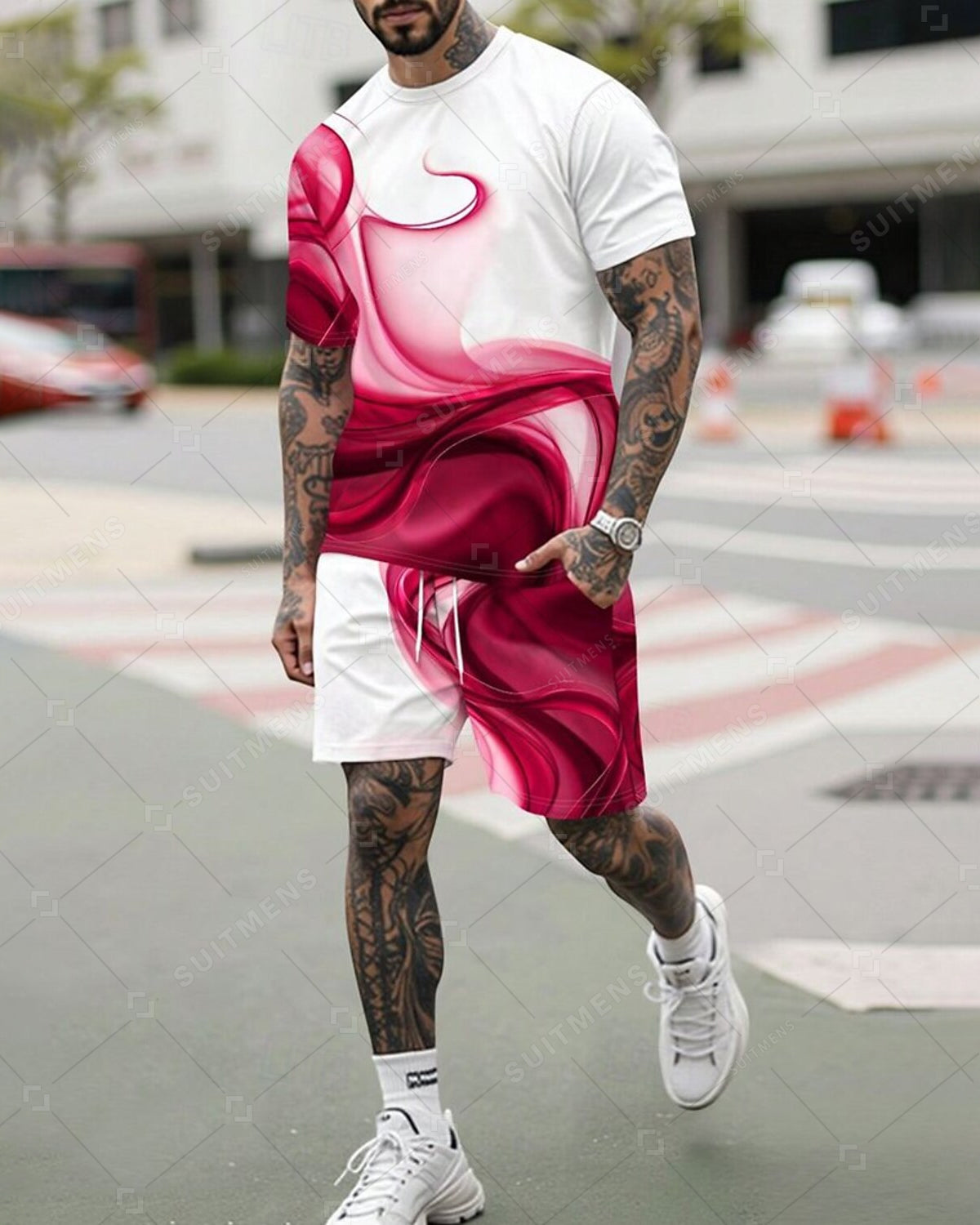 Men's Summer Gradient Print Round Neck Set 228