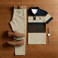 Men's Casual Khaki & Navy Blue Color Matching Striped Printed Short Sleeved Polo Shirt & Trousers Two-Piece Set 202398