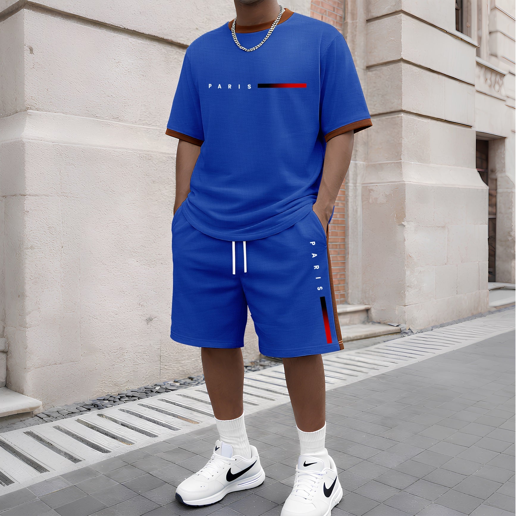 Men's Paris Print Short-Sleeved T-Shirt And Drawstring Shorts Set, Men's Casual Sportswear, Short-Sleeved Top And Shorts, Suitable For Summer Daily Wear, Indoor And Outdoor Sports, Athletic Set.