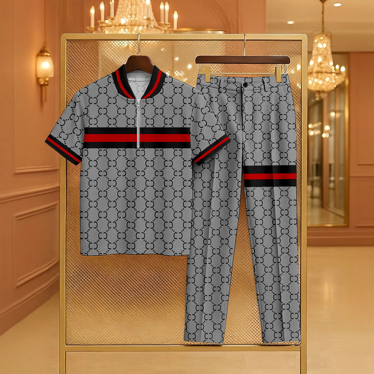 Men's Casual Gray & Black Color Matching Vintage Printed Zipper Short Sleeved Polo Shirt & Trousers Two-Piece Set